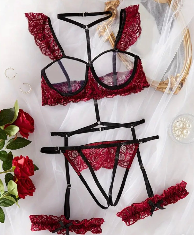 Conjunto de Lencería Sexy sin Copas de Encaje - Manga con Volantes, Tanga de Entrepierna Abierta, Cinturón de Ligas con Lazo Decorativo, Detalles Exquisitos, Ropa Íntima para Mujeres para Noches Románticas - Suave, Cómodo y Seductor